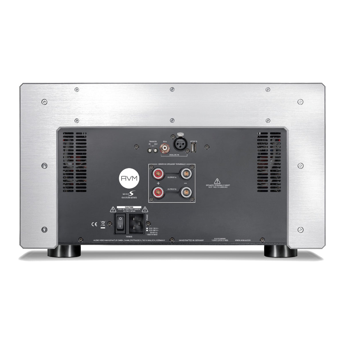 AVM Ovation MA 8.3 S Mono Power Amplifier, Cellini chrome, rear connection panel