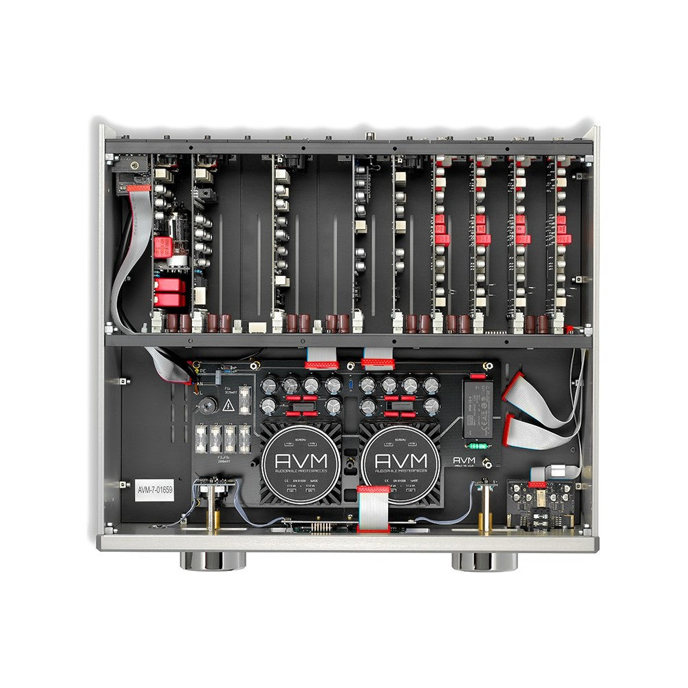 AVM Ovation PA 8.3 Line-In Module (RCA + XLR), top view of the PA 8.3 interior with plug-in module cards installed