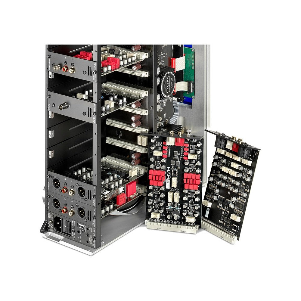 AVM Ovation PA 8.3 Tube Output Module, angled rear view of the PA 8.3 chassis with plug-in module cards pulled out