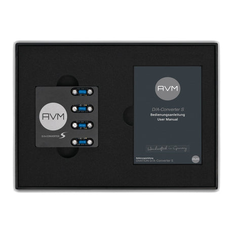 AVM Ovation D/A-Converter S (S-DAC) Upgrade Module, top view of the boxed set with the user manual