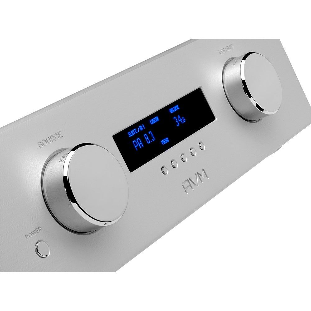AVM Ovation PA 8.3 Modular Preamplifier, Silver, angled front panel close-up with display