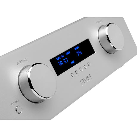 AVM Ovation PA 8.3 Modular Preamplifier, Silver, angled front panel close-up with display