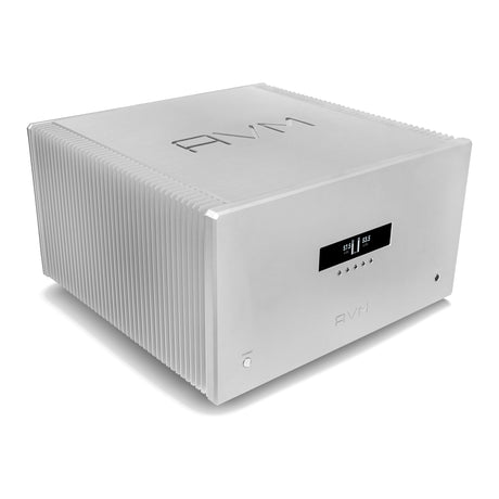 AVM Ovation SA 8.3 Lite Stereo Power Amplifier, Silver, three-quarter view facing right