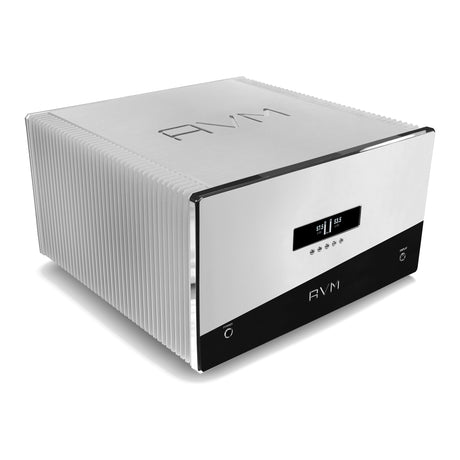 AVM Ovation SA 8.3 Lite Stereo Power Amplifier, Cellini chrome, three-quarter view facing right