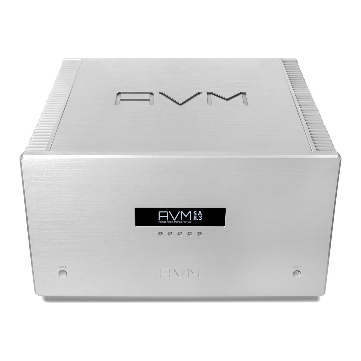 AVM Ovation SA 8.3 Lite Stereo Power Amplifier, Silver, elevated front view