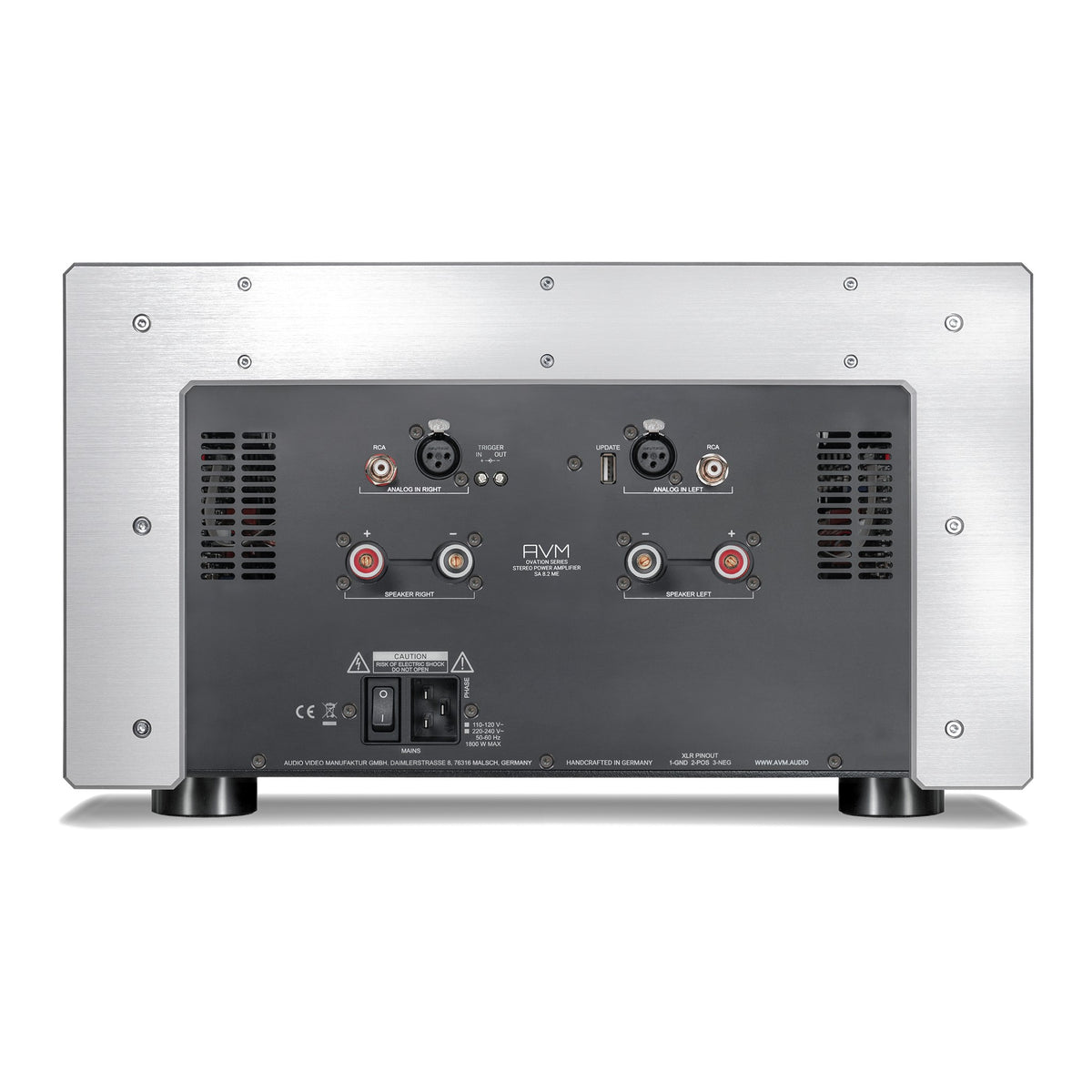 AVM Ovation SA 8.3 Lite Stereo Power Amplifier, Silver, rear connection panel