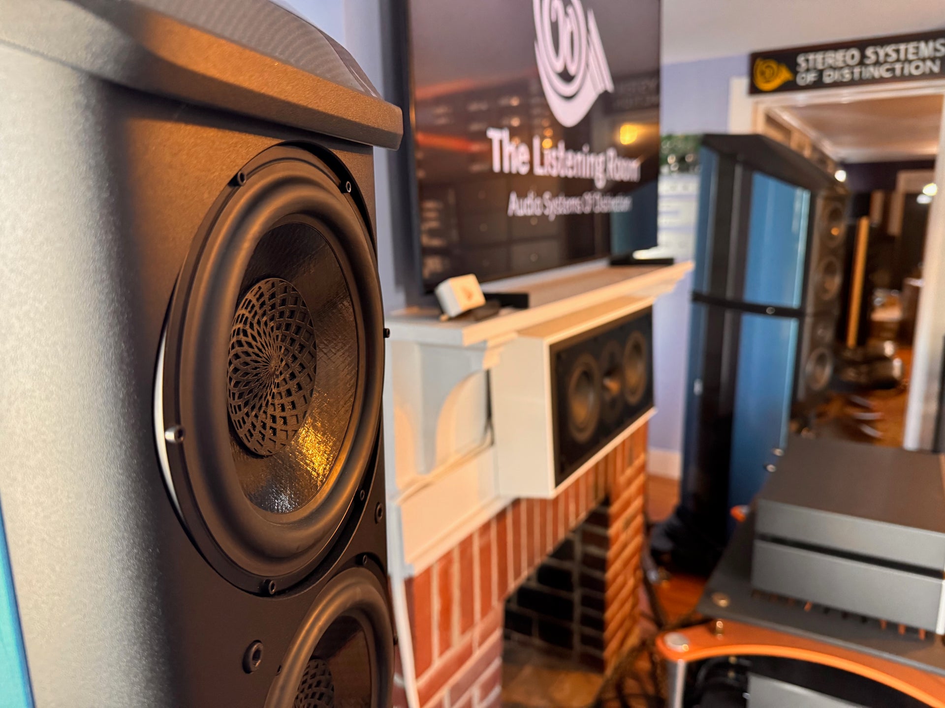 Wilson Benesch Fibonacci waveguide tweeter in gold, mounted on an A.C.T. 3Zero loudspeaker at The Listening Room showroom