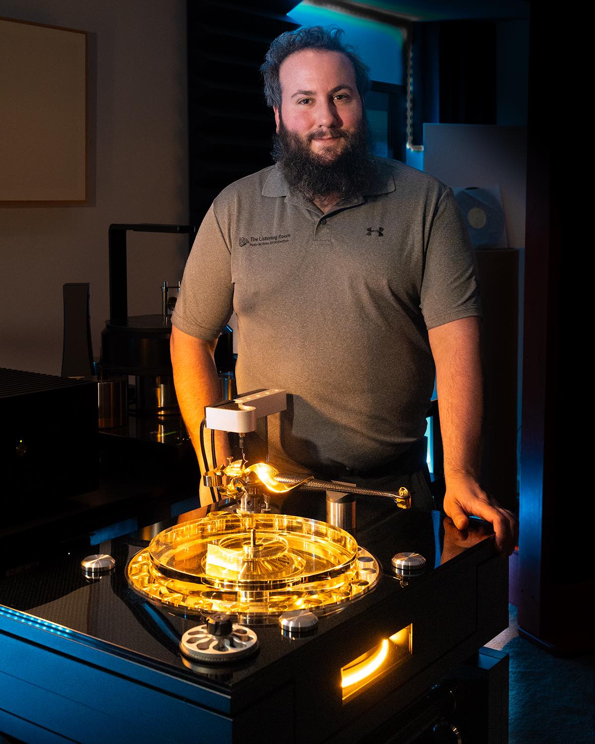 Mike Zeugin of The Listening Room standing beside the Wilson Benesch GMT ONE turntable system in his Chestertown showroom