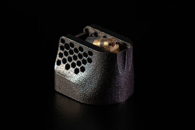 Wilson Benesch Tessellate Ti cartridge in matt titanium showing the tessellated lattice sidewalls and SLS titanium body