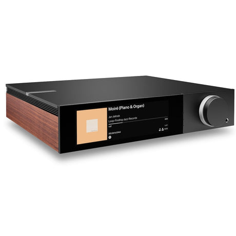 Cambridge Audio Evo 300 Streaming Amplifier (Open Box), Walnut side panels, three-quarter view facing left