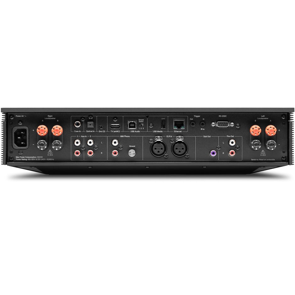 Cambridge Audio Evo 300 rear panel showing inputs, XLR, phono, HDMI eARC and speaker terminals