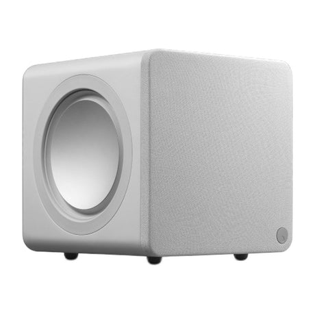 Cambridge Audio MSX Sub 200 Subwoofer (Open Box), White, three-quarter view facing left showing side-firing driver