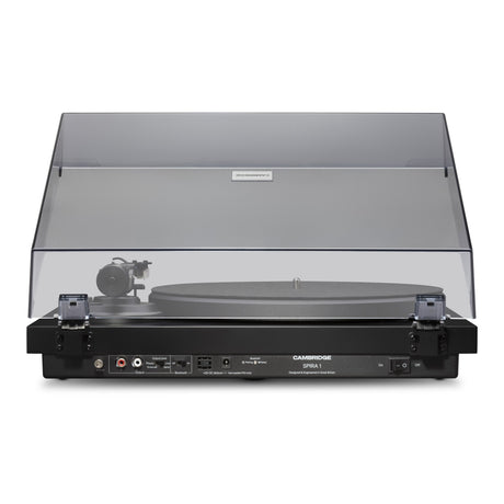 Cambridge Audio Spira Belt Drive Turntable, Black, rear connection panel with the dust cover closed