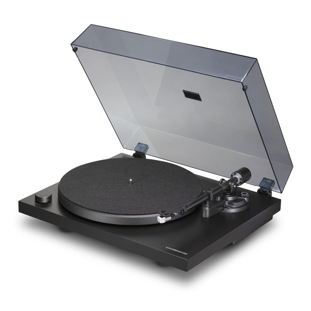 Cambridge Audio Spira Belt Drive Turntable, Black, three-quarter view facing right with the dust cover raised