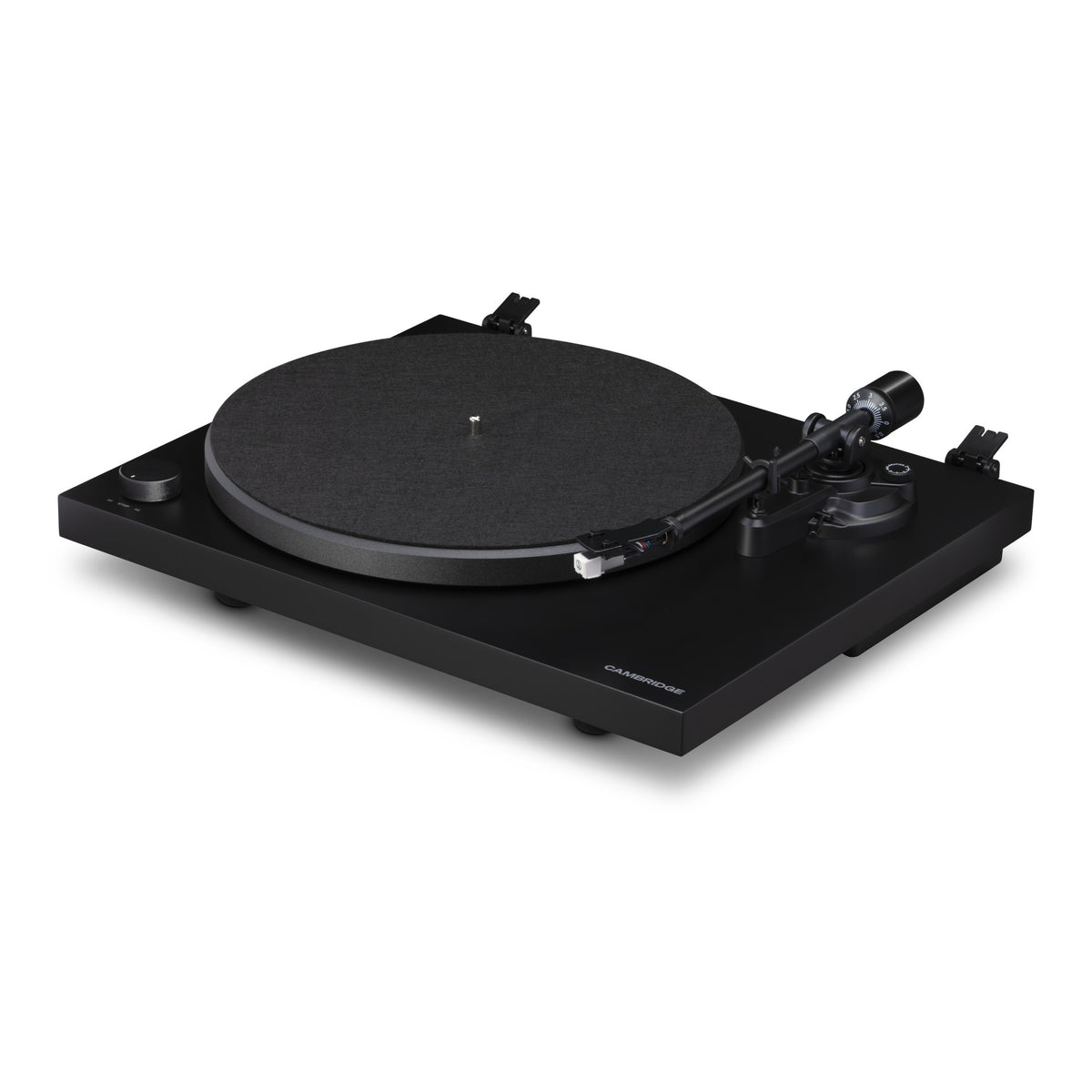 Cambridge Audio Spira Belt Drive Turntable, Black, three-quarter view facing right without the dust cover