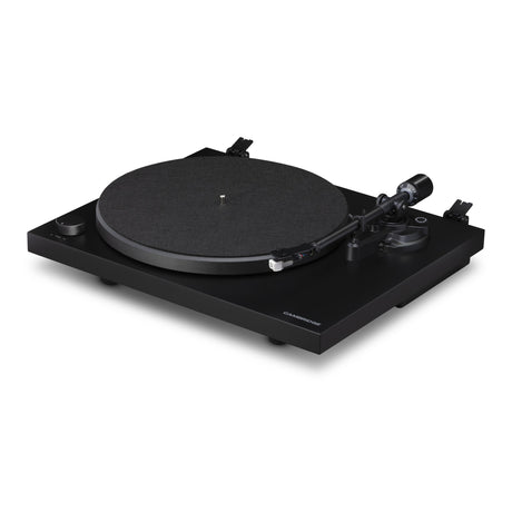 Cambridge Audio Spira Belt Drive Turntable, Black, three-quarter view facing right without the dust cover