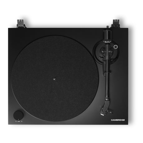 Cambridge Audio Spira Belt Drive Turntable, Black, top view with the speed dial, felt mat and tonearm