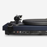 Cambridge Audio Spira Belt Drive Turntable, Blue, rear connection panel and tonearm, low side view