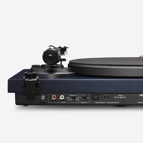 Cambridge Audio Spira Belt Drive Turntable, Blue, rear connection panel and tonearm, low side view