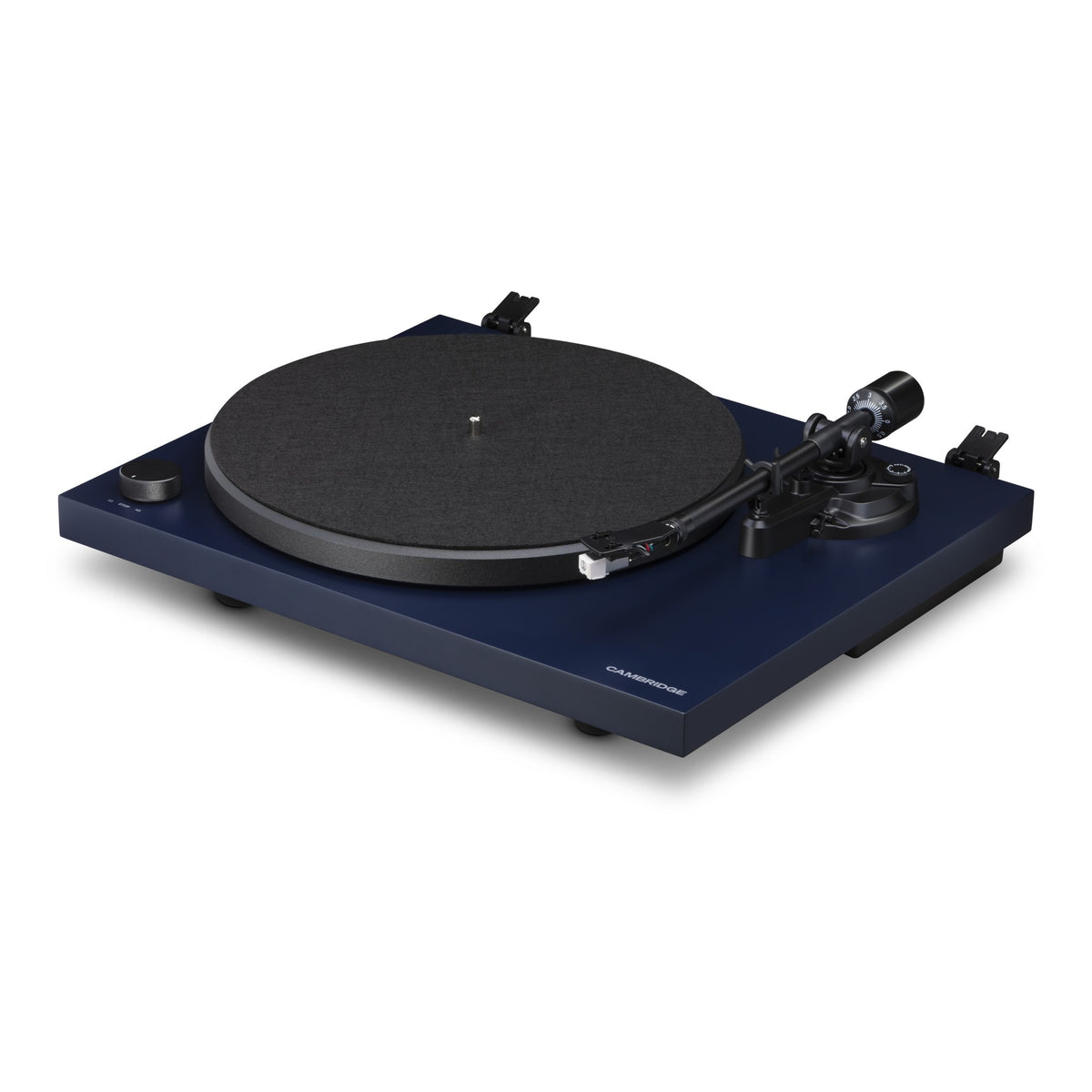 Cambridge Audio Spira Belt Drive Turntable, Blue, three-quarter view facing right without the dust cover