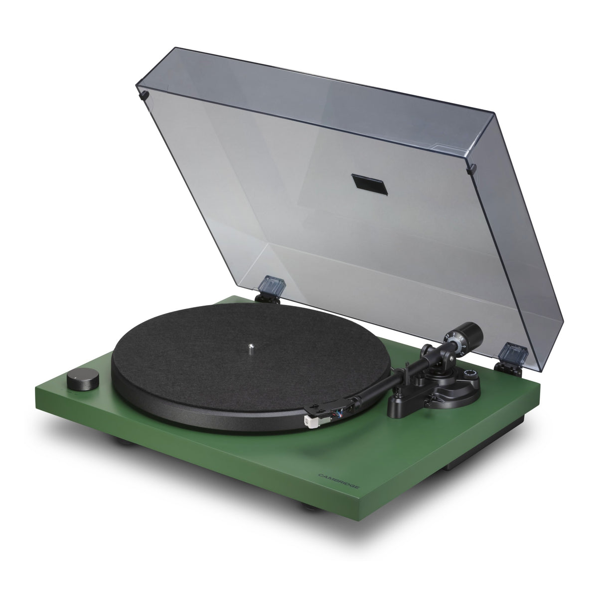 Cambridge Audio Spira Belt Drive Turntable, Green, three-quarter view facing right with the dust cover raised