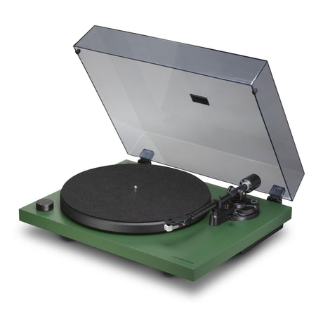 Cambridge Audio Spira Belt Drive Turntable, Green, three-quarter view facing right with the dust cover raised