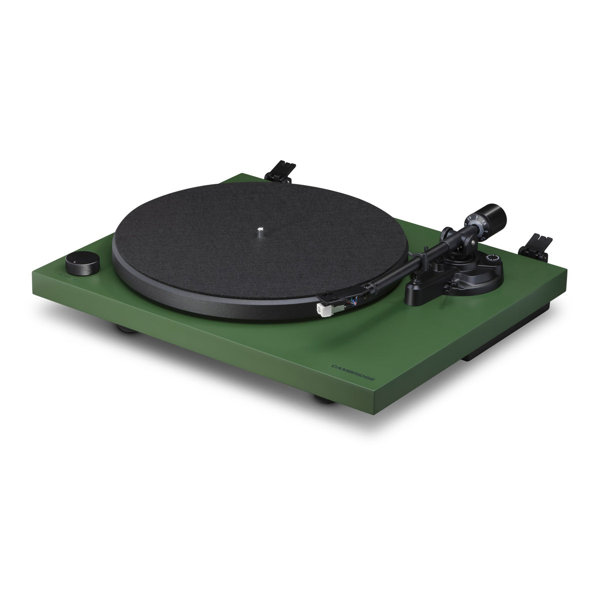 Cambridge Audio Spira Belt Drive Turntable, Green, three-quarter view facing right without the dust cover