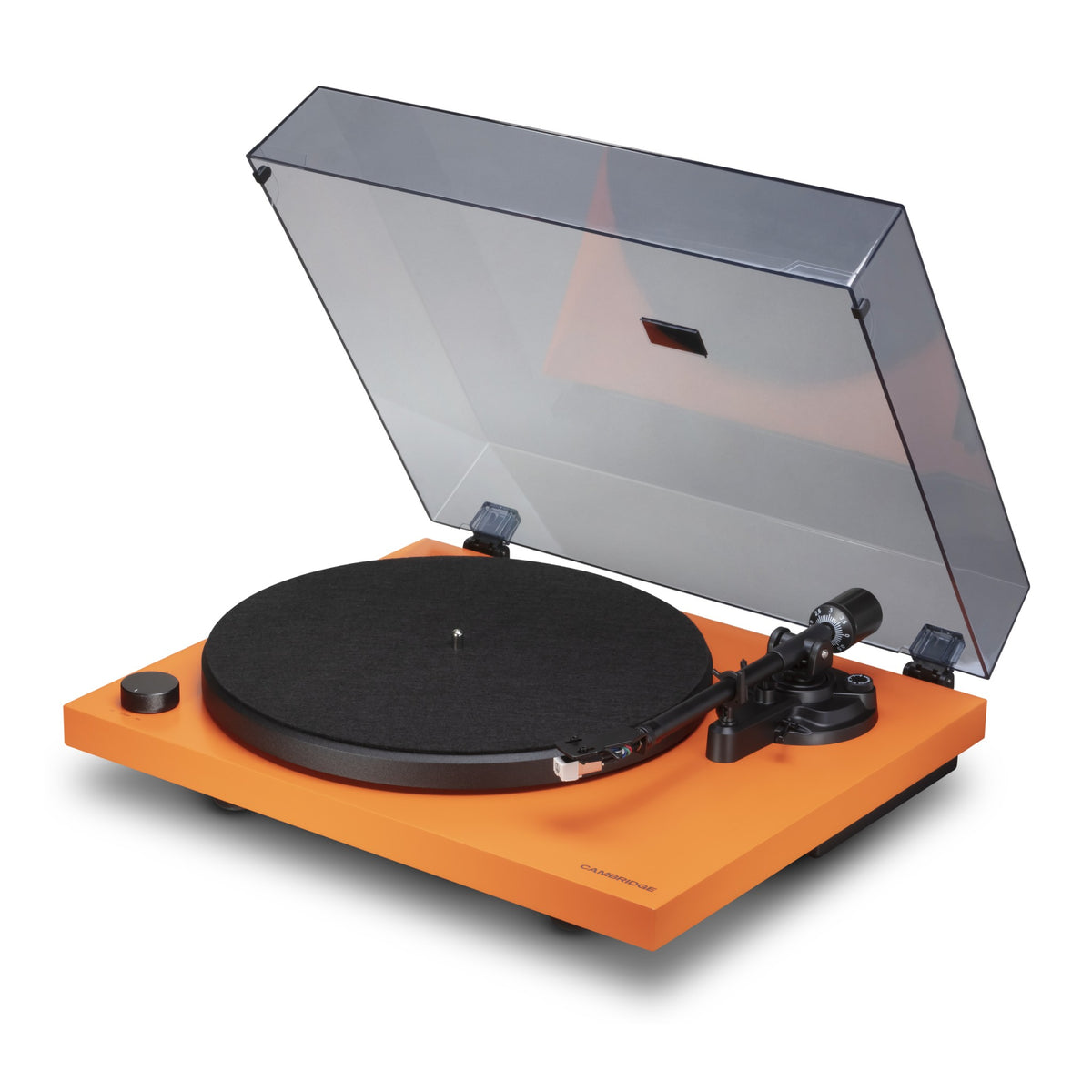 Cambridge Audio Spira Belt Drive Turntable, Orange, three-quarter view facing right with the dust cover raised