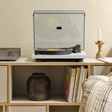 Cambridge Audio Spira Belt Drive Turntable, White, lifestyle, on a sideboard with the dust cover closed