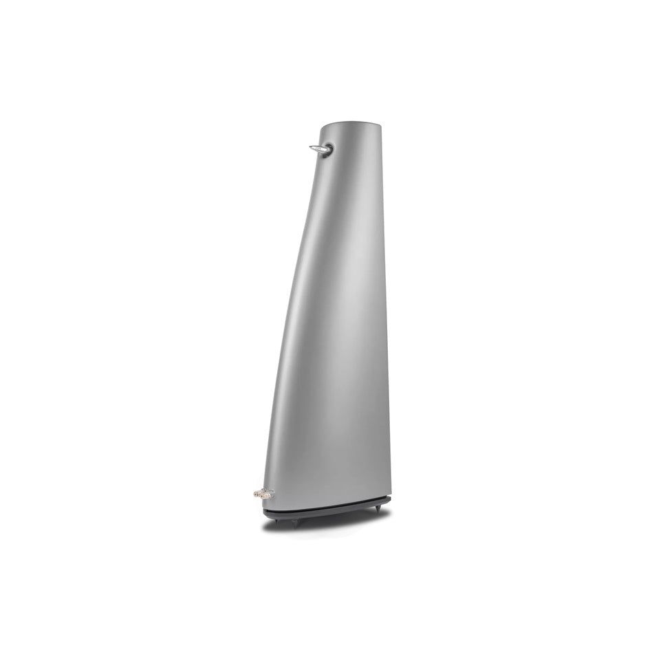 Cambridge Audio Edge S Limited Edition floorstanding speaker, rear three-quarter angle showing curved cabinet and plinth detail