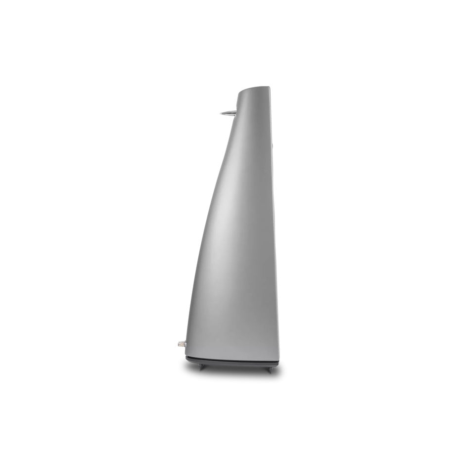 Cambridge Audio Edge S Limited Edition floorstanding speaker, side profile showing non-parallel cabinet wall and CNC-milled aluminum base