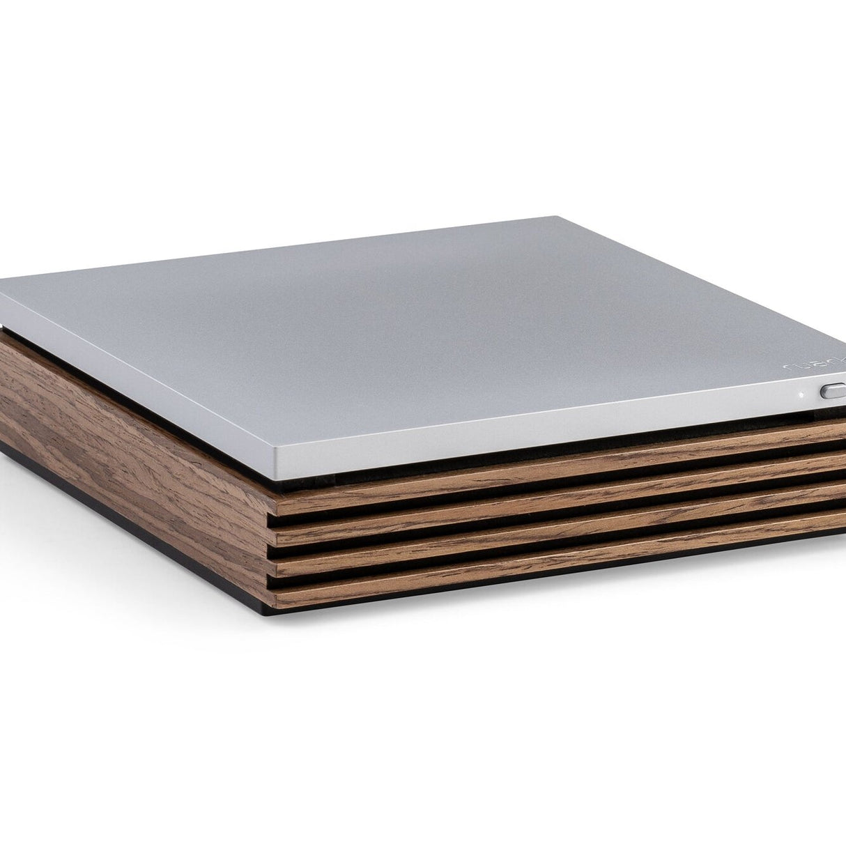 Ruark Audio R-CD100 USB CD Player three-quarter angle showing slat construction