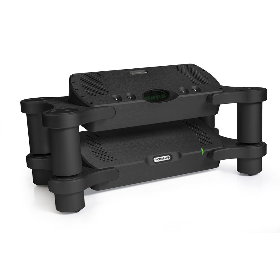Chord Electronics Quartet in Black on Chord Choral Ensemble Stand, three-quarter view