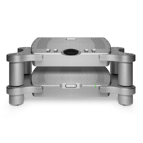Chord Electronics Quartet in Silver on Chord Choral Ensemble Stand, front view
