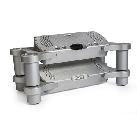 Chord Electronics Quartet in Silver on Chord Choral Ensemble Stand, three-quarter view