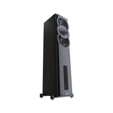 Perlisten A3t tower speaker in Satin Black, three-quarter view showing the waveguide tweeter between two woofers and the outrigger feet