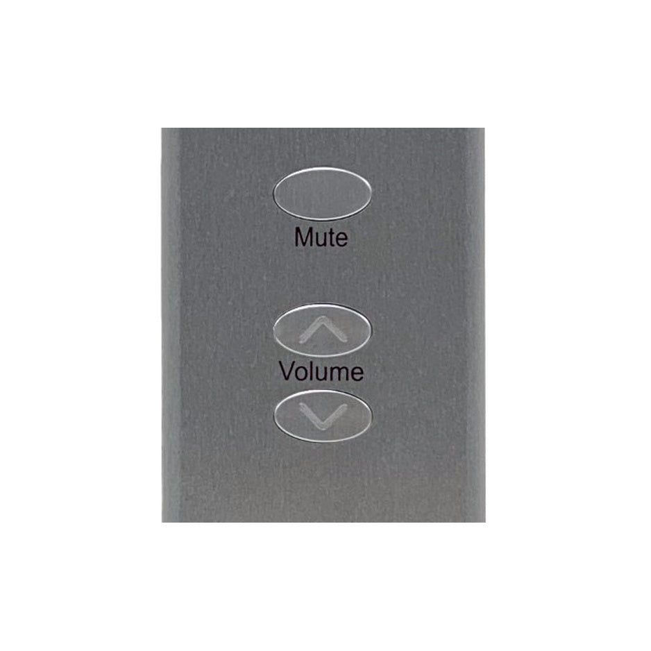 Rogue Audio Integrated Amplifier Remote Control, silver, close-up of Mute and Volume buttons