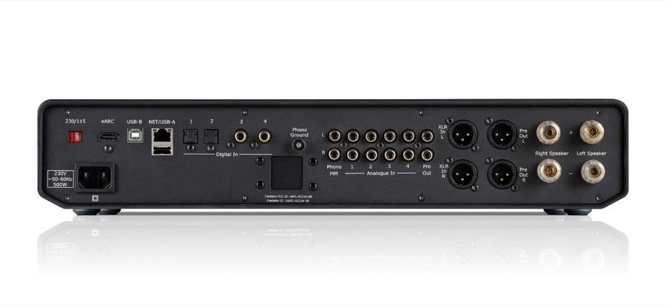 Cyrus 80 AMP rear panel showing eARC, USB-B, phono, XLR, and speaker connections