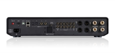 Cyrus 80 AMP rear panel showing eARC, USB-B, phono, XLR, and speaker connections