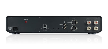 Cyrus 80 PWR rear panel showing XLR inputs, bridge/stereo switch, and speaker binding posts
