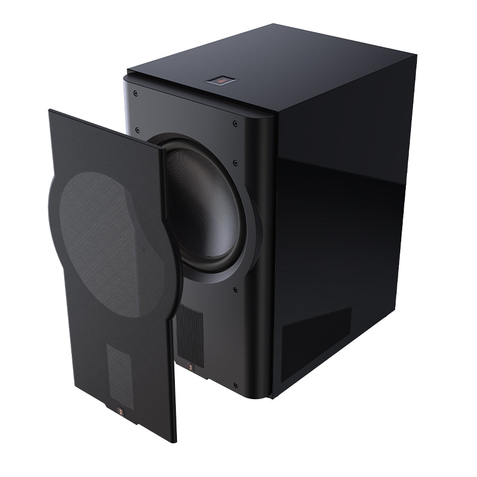 Perlisten D215s subwoofer angled with grill