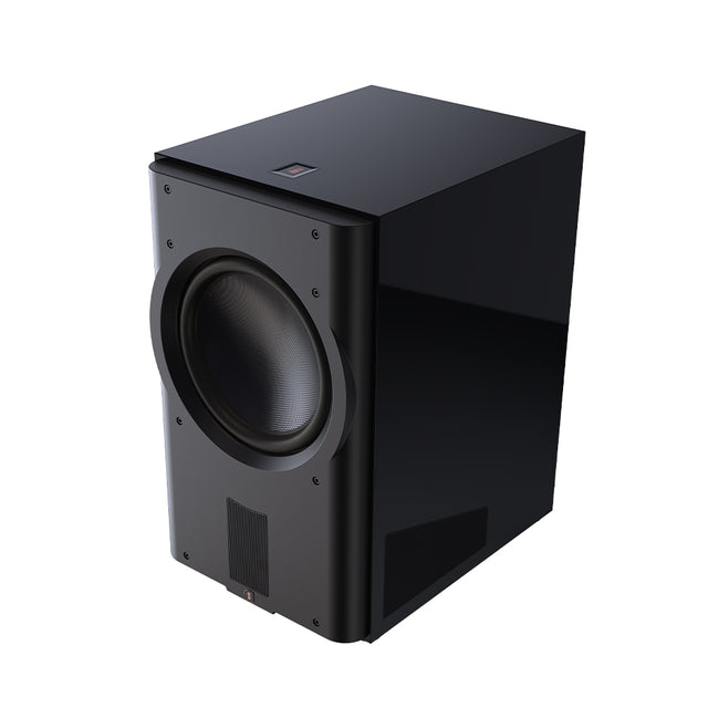 Perlisten D215s Subwoofer, High Gloss Piano Black, three-quarter front view with grille removed