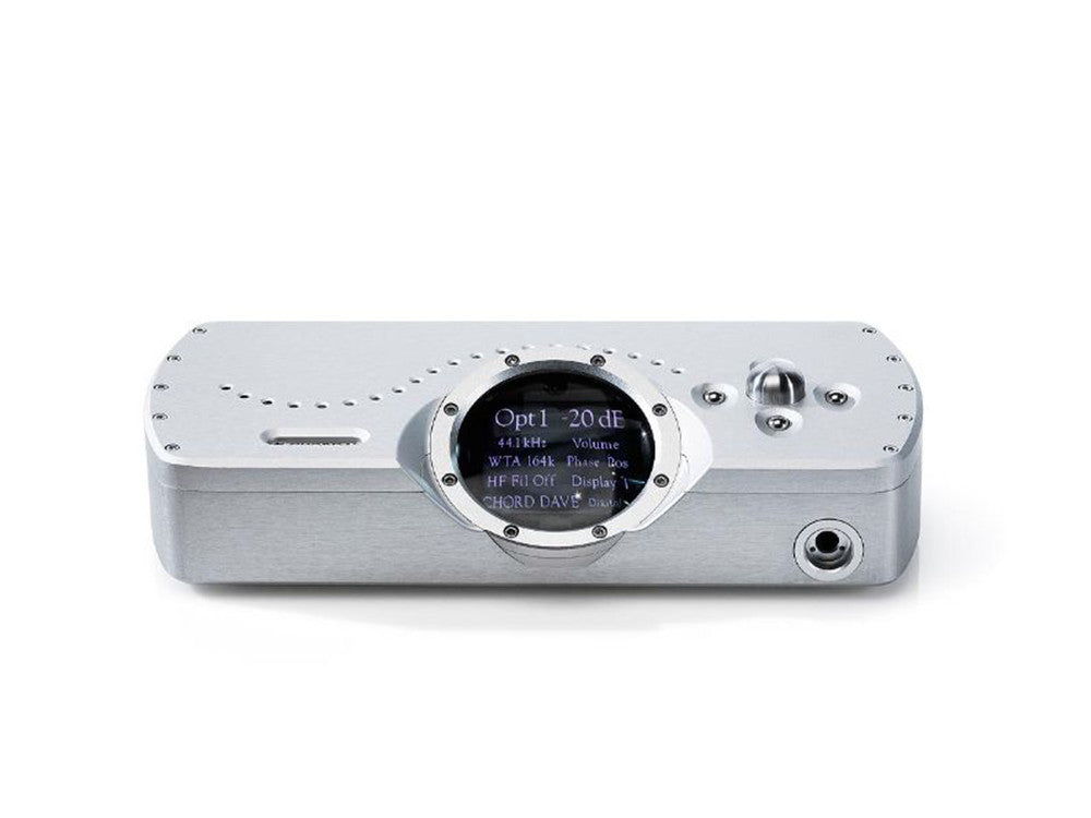 Chord Electronics DAVE DAC preamplifier headphone amplifier, silver finish front view with display