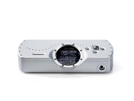 Chord Electronics DAVE DAC preamplifier headphone amplifier, silver finish front view with display