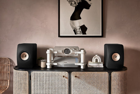 Chord Electronics DAVE on Ensemble Stand with bookshelf speakers