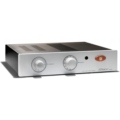 Unison Research Unico Nuovo integrated amplifier in silver, three-quarter view