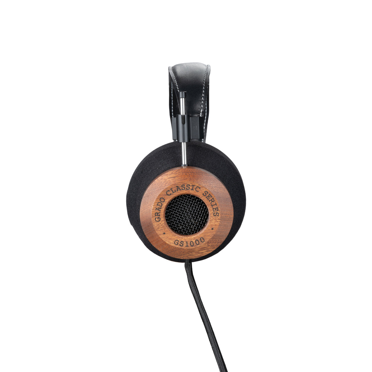 Grado GS1000 Classic Series Open-Back Headphones, Mahogany, side profile of a single earcup with the model badge and mahogany housing facing camera