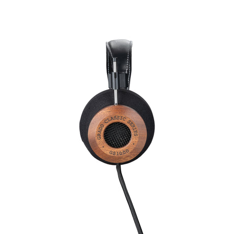 Grado GS1000 Classic Series Open-Back Headphones, Mahogany, side profile of a single earcup with the model badge and mahogany housing facing camera
