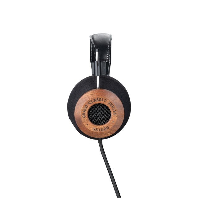 Grado GS1000 Classic Series Open-Back Headphones, Mahogany, side profile of a single earcup with the model badge and mahogany housing facing camera