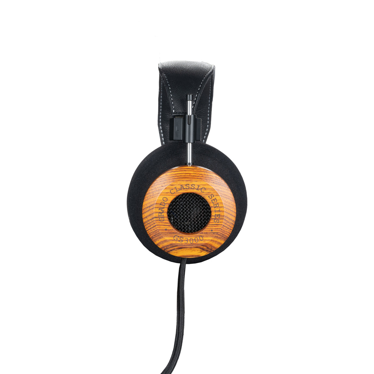 Grado GS3000 Classic Series Open-Back Headphones, Cocobolo, side profile of a single earcup with the model badge and cocobolo housing facing camera